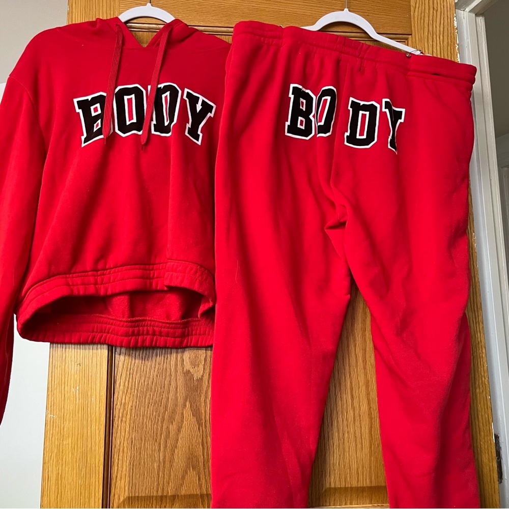 Women Red and Black Body crop hoodie with jogging pants set.